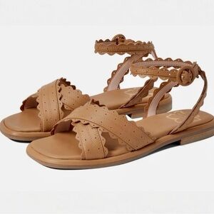 Ted Baker Taymiah Leather Scalloped Edging Ankle Wrap Tan Sandals Size 37 New